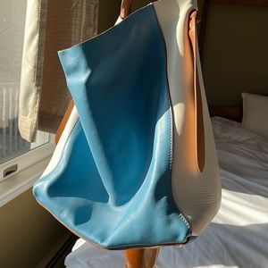 Blue white & tan leather bag